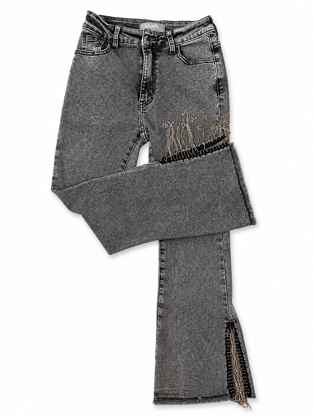High-Rise Gray Cropped Jeans with Fringe Chain Trim - Picture 1 of 4